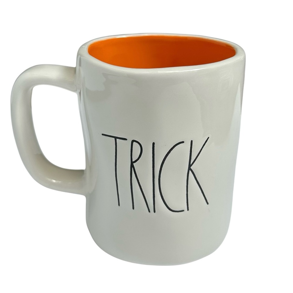 Rae Dunn Halloween Mug TRICK TREAT Double Side White Orange Interior New 2017 OG - Picture 3 of 16